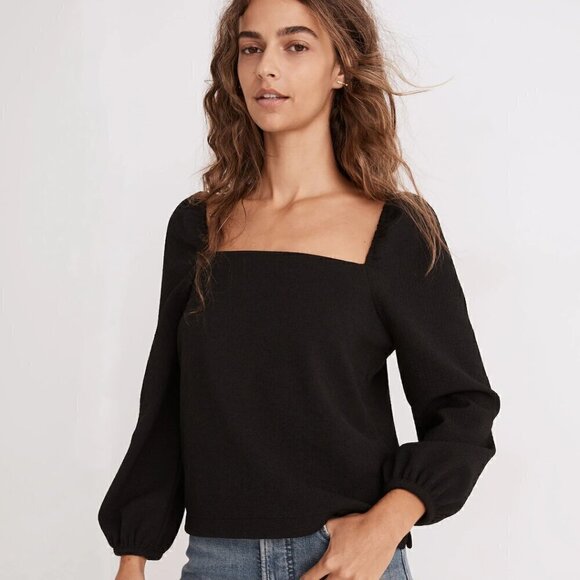 NEW Madewell Crepe Square-Neck Puff-Sleeve Top in Black- Size 1X - Picture 1 of 5